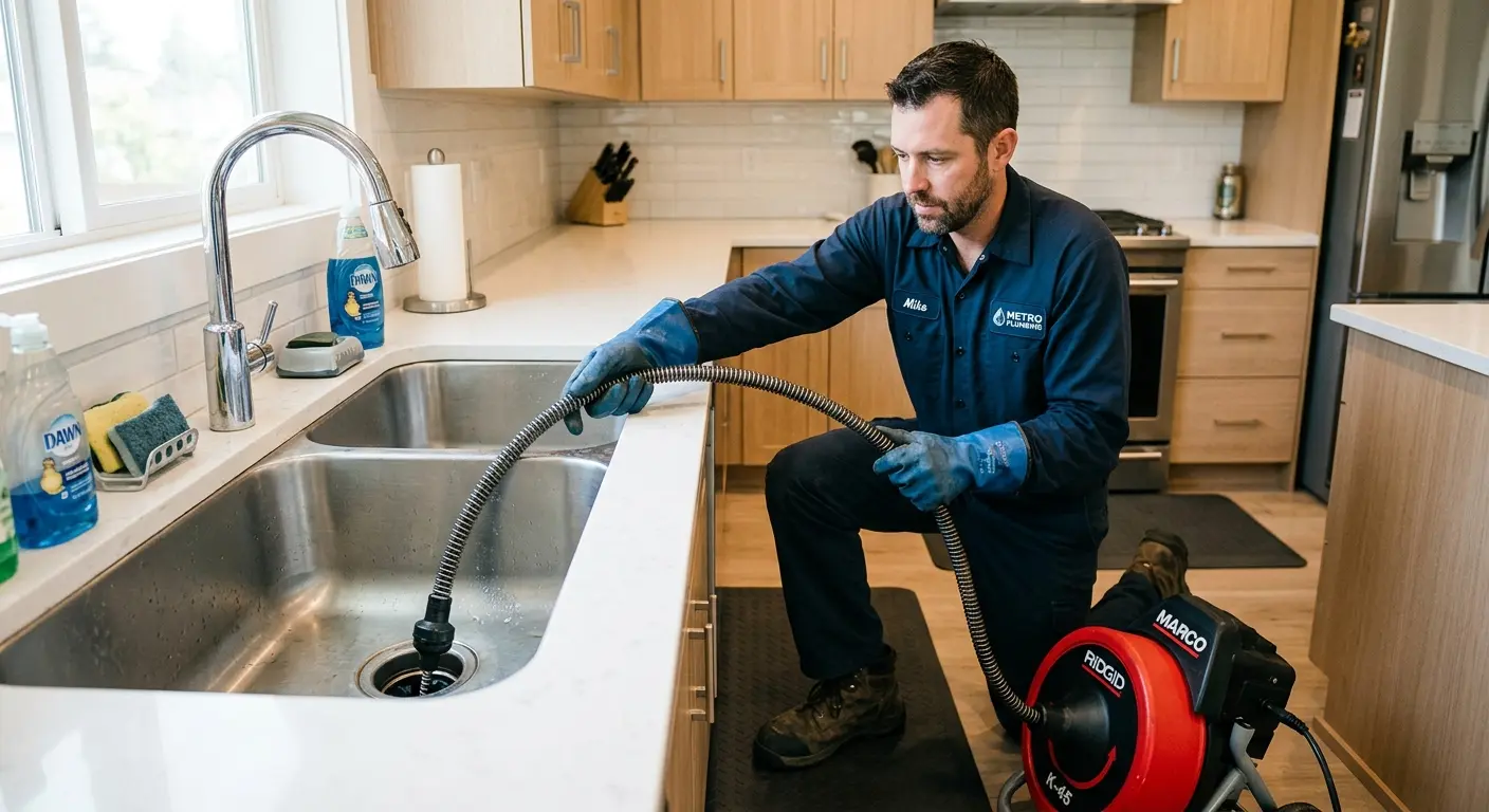 Drain cleaning technician using a motorized snake on a kitchen sink in Harvey