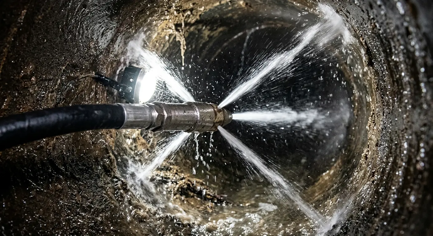 High-pressure hydro jetting nozzle cleaning sewer pipe for Trenchless Sewer Repair in Harvey
