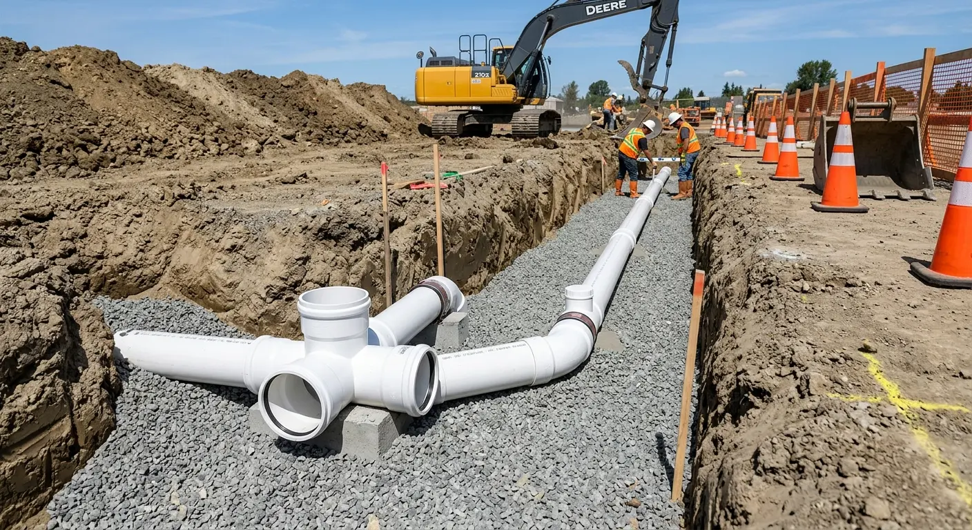New PVC sewer pipe installation in open trench for Commercial Drain Cleaning in Harvey