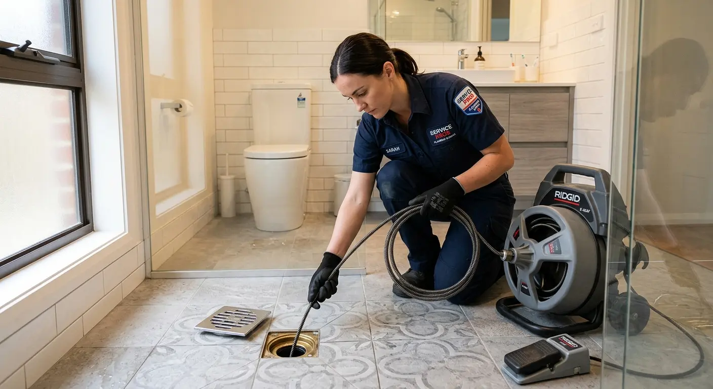 Technician clearing a bathroom floor drain for Drain Cleaning in Harvey